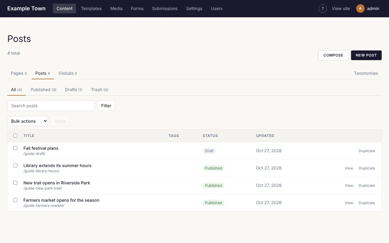 The Content screen, showing posts