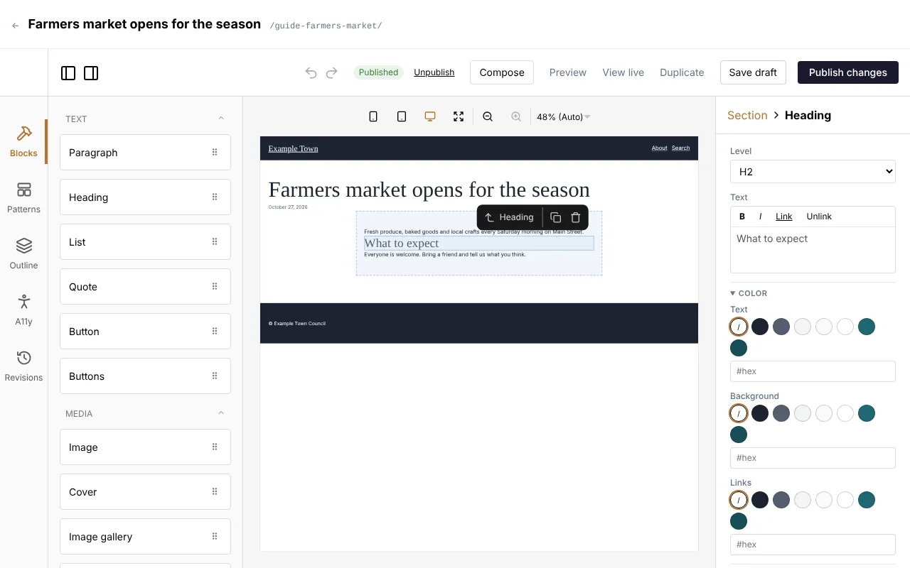 The page editor: blocks on the left, the page in the middle, settings on the right