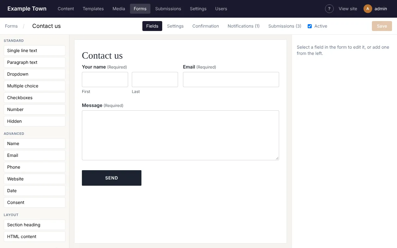 The form builder, with field types on the left