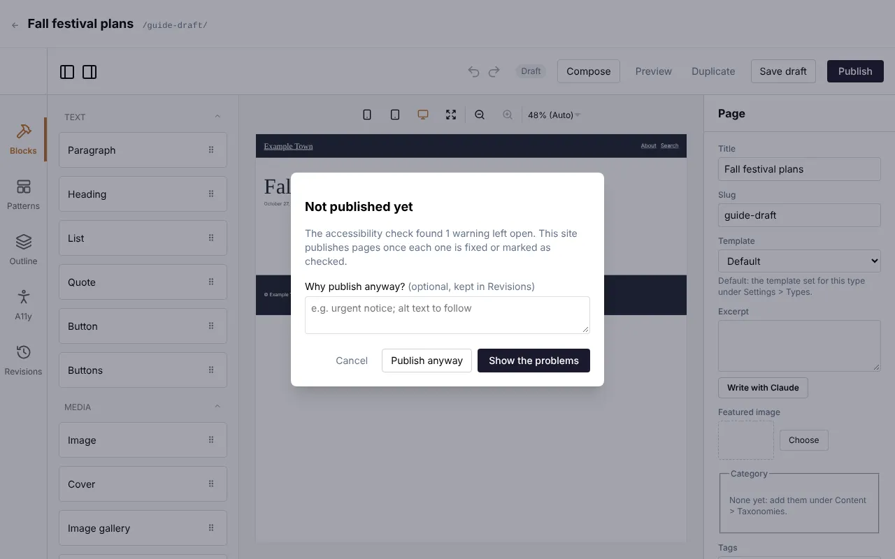 Publishing held by the accessibility check